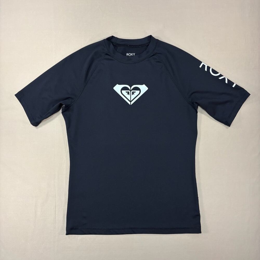 Roxy Whole Hearted Black Rashguard Short Sleeve with White Logo Girls Size XL 14
